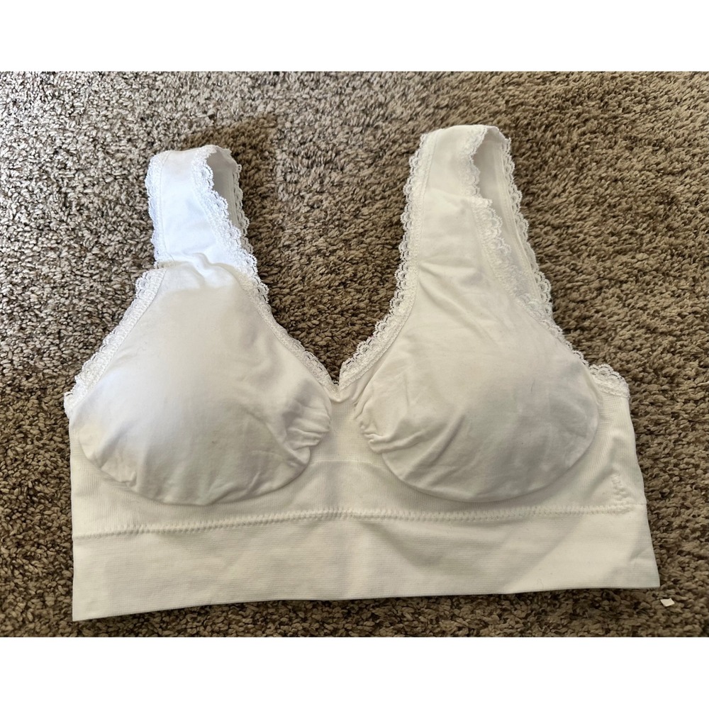 Genie Bra White Lace Trim Wireless Seamless Bralette Comfort Stretch Medium